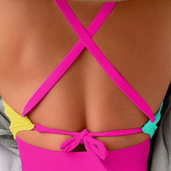 Shein Brand Size small Color Block Twisted Front Cut Out Swimsuit Monokini Neon - Picture 2 of 3
